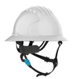 The PIP Evolution Deluxe 6262 Full Brim Safety Helmet in white features an adjustable black chin strap and inner padding, providing reliable head protection on construction sites.