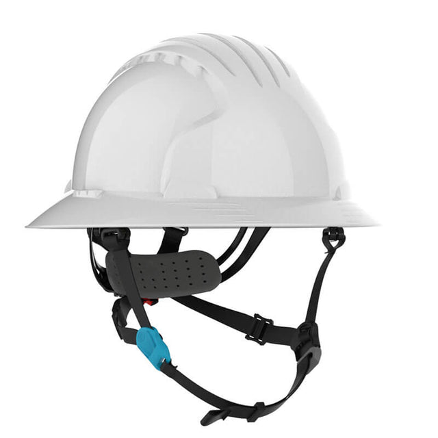 The PIP Evolution Deluxe 6262 Full Brim Safety Helmet in white features an adjustable black chin strap and inner padding, providing reliable head protection on construction sites.