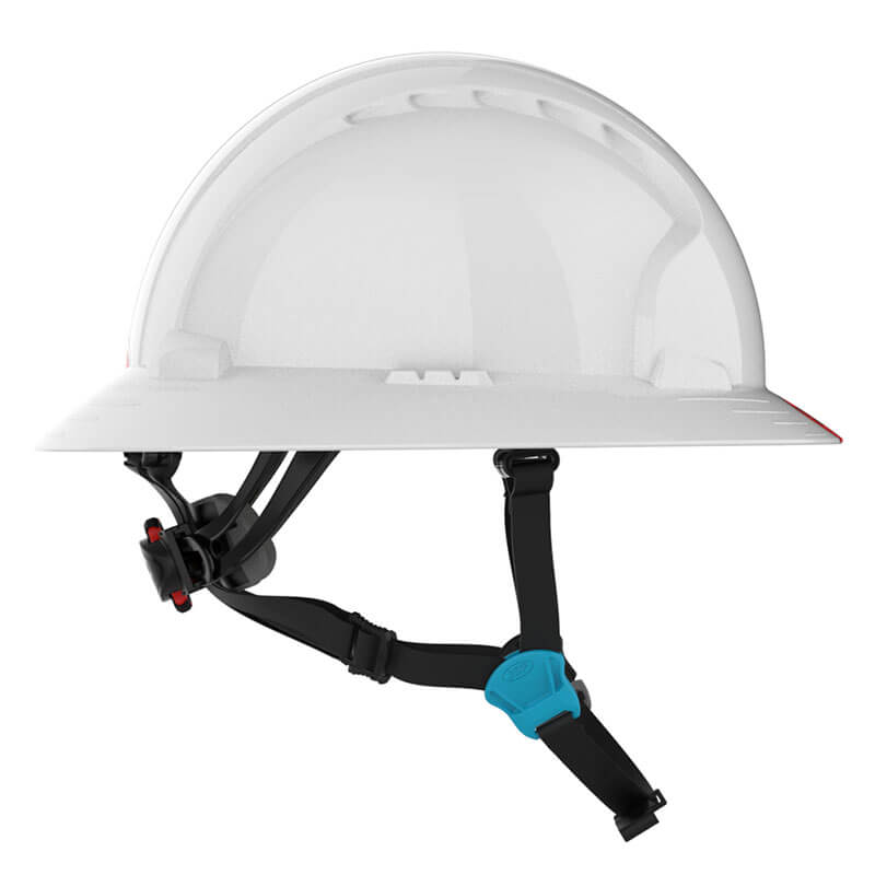 The PIP Evolution Deluxe 6262 Full Brim Safety Helmet by PIP features a white shell, black adjustable chin straps, and a blue buckle, offering superior head protection.