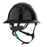 The PIP Evolution Deluxe 6262 Full Brim Safety Helmet in black features a chin strap, adjustable headband, and ventilation grooves for top protection in construction or industrial environments.