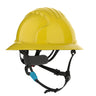 The PIP Evolution Deluxe 6262 Full Brim Safety Helmet by PIP features a yellow design, adjustable black chin strap, and suspension system for reliable head protection, shown on a white background.