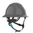 The PIP Evolution Deluxe 6262 Full Brim Safety Helmet in gray offers head protection with side vents, an adjustable black chin strap with blue clasp, and meets ANSI/ISEA Z89.1 standards.
