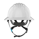 The PIP Evolution Deluxe 6262 Vented Full Brim Safety Helmet is shown from the front against a plain background, featuring a chin strap, adjustable headband, and EPS liner for enhanced jobsite head protection.