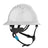 The PIP Evolution Deluxe 6262 Vented Full Brim Safety Helmet in white features a chin strap, adjustable black harness, and EPS liner for advanced protection, shown from the side against a plain background.
