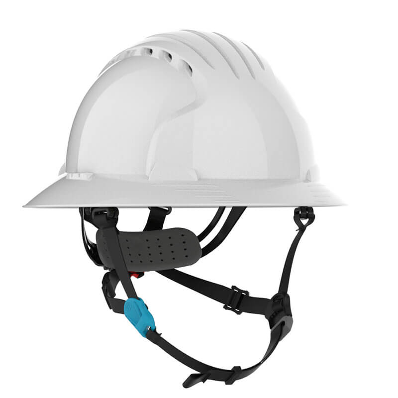 The PIP Evolution Deluxe 6262 Vented Full Brim Safety Helmet in white features a chin strap, adjustable black harness, and EPS liner for advanced protection, shown from the side against a plain background.