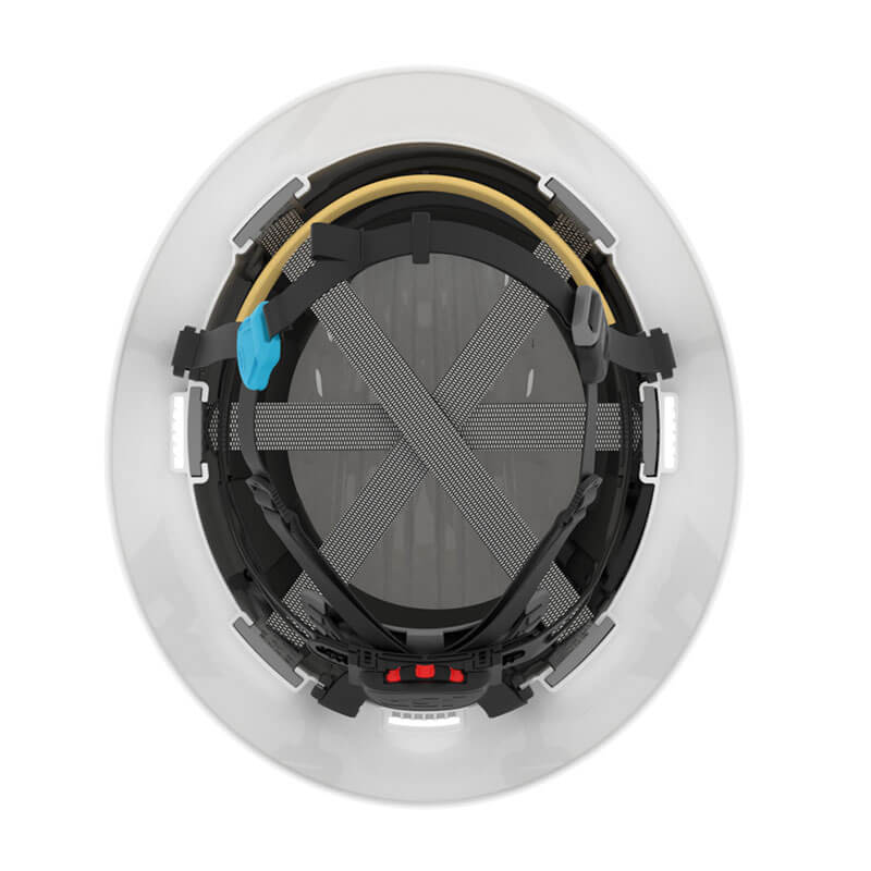 Top view of the PIP Evolution Deluxe 6262 Vented Full Brim Safety Helmet by PIP, featuring an interior suspension system with adjustable straps, a yellow band, blue pad, black head cradle, and EPS liner for enhanced head protection.