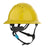 The PIP Evolution Deluxe 6262 Vented Full Brim Safety Helmet in yellow features an adjustable black chin strap, interior padding with an EPS liner, and is designed for reliable head protection on job sites.