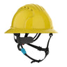 The PIP Evolution Deluxe 6262 Vented Full Brim Safety Helmet in yellow features an adjustable black chin strap, interior padding with an EPS liner, and is designed for reliable head protection on job sites.