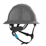The PIP Evolution Deluxe 6262 Vented Full Brim Safety Helmet in gray features a chin strap, adjustable black interior padding, and an EPS liner for enhanced protection on construction or industrial sites.