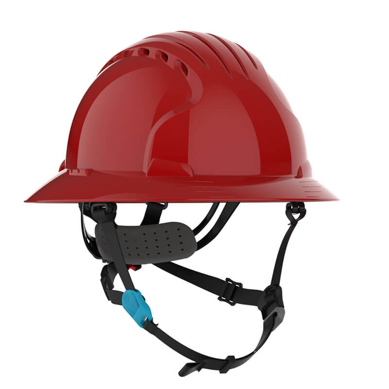 The PIP Evolution Deluxe 6262 Vented Full Brim Safety Helmet in red features a black adjustable chin strap and interior padding for superior head protection, shown against a white background.