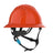 The PIP Evolution Deluxe 6262 Vented Full Brim Safety Helmet in Hi-Vis Orange features ventilation holes, an EPS liner for enhanced protection, and an adjustable black chin strap, shown against a white background.