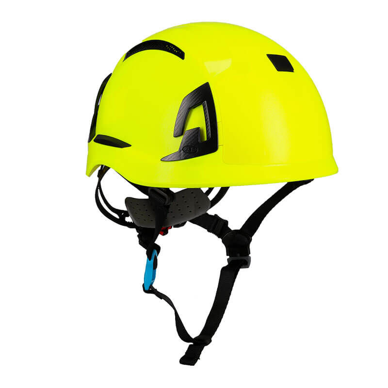 The PIP EVO ALTA Ascend Type II Non-Vented Helmet 280-EVOALT, offered by Protective Industrial Products (PIP), is a bright yellow safety helmet with black accents and an adjustable chin strap. It is designed for construction or industrial use and meets the ANSI/ISEA Z89.1-2014 standards for impact protection.