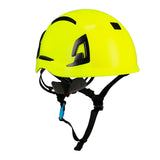 The PIP EVO ALTA Ascend Type II Non-Vented Helmet 280-EVOALT, offered by Protective Industrial Products (PIP), is a bright yellow safety helmet with black accents and an adjustable chin strap. It is designed for construction or industrial use and meets the ANSI/ISEA Z89.1-2014 standards for impact protection.