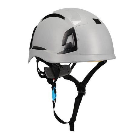 The PIP EVO ALTA Ascend Type II Vented Helmet 280-EVOALTV, from Protective Industrial Products, is a white industrial climbing helmet designed with an ABS shell and adjustable chin straps. It features black accents on the sides and top, making it suitable for construction or industrial use. The helmet is equipped with ventilation openings, a secure fastening system, and an EPP foam impact liner for enhanced safety.