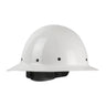 Introducing the PIP Wolfjaw Full Brim Smooth Dome Hard Hat. Crafted by Protective Industrial Products, this white hard hat features a durable fiberglass resin shell with ventilation holes on each side. It is equipped with a black adjustable band inside to ensure a comfortable fit, making it ideal for safety in industrial or construction environments.