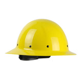 The PIP Wolfjaw Full Brim Smooth Dome Hard Hat, manufactured by Protective Industrial Products, is a vivid yellow construction helmet featuring a glossy finish and wide brim. It is made from a fiberglass resin shell and includes several ventilation holes around the sides. The helmet is displayed against a white background.