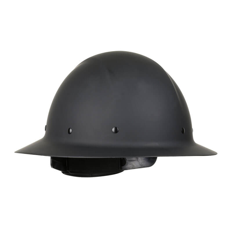 The PIP Wolfjaw Full Brim Smooth Dome Hard Hat by Protective Industrial Products is designed in black, featuring a sleek, high-crowned shape with a full brim and chin strap. Constructed from durable materials such as a fiberglass resin shell or hard plastic, this hard hat includes rivet detailing along the base of the crown for enhanced durability.