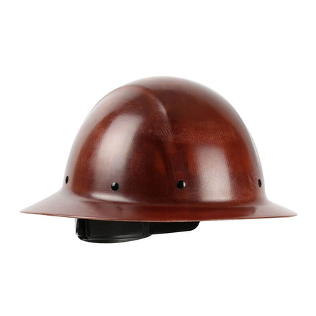 Introducing the PIP Wolfjaw Full Brim Smooth Dome Hard Hat with Fiberglass by PIP - Protective Industrial Products. This hard hat features a natural brown, glossy fiberglass resin shell and a round brim. Designed with small ventilation holes and an adjustable inner headband for a perfect fit, it resembles a classic dome shape ideal for construction and industrial work environments.