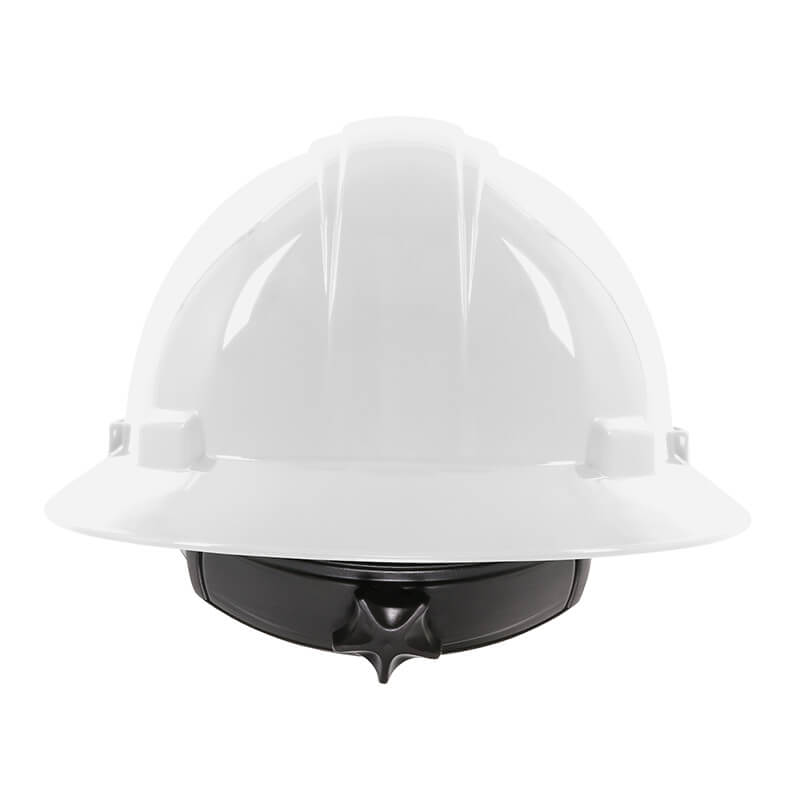 PIP Dynamic Kilimanjaro Full Brim Hard Hat 280-HP641R in white, featuring an HDPE shell and a black inner suspension system with wheel ratchet adjustment, displayed from the front against a plain background, available 12 per case.