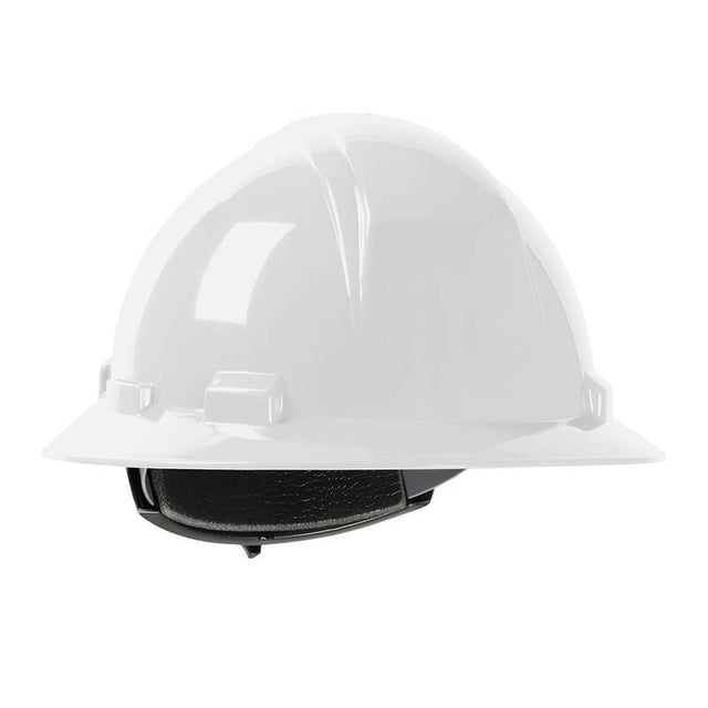 A PIP Dynamic Kilimanjaro Full Brim Hard Hat 280-HP641R, boasting a glossy HDPE shell, surrounded by a full brim and equipped with an internal wheel ratchet adjustment strap, set against a plain white background.