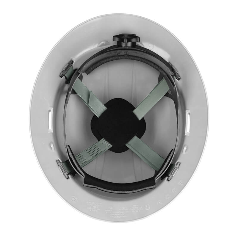 The PIP Dynamic Kilimanjaro Full Brim Hard Hat 280-HP641R features a carefully designed suspension system with a black band and green straps for enhanced support and cushioning. Its HDPE shell provides added durability, while the wheel ratchet adjustment offers a snug and secure fit.