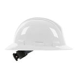 The PIP Dynamic Kilimanjaro Full Brim Hard Hat 280-HP641R, part of the Protective Industrial Products (PIP) brand, is depicted from a front angle. It features a white finish with a black adjustable strap and an HDPE shell, complemented by a smooth and reflective surface with a convenient wheel ratchet adjustment for an ideal fit.