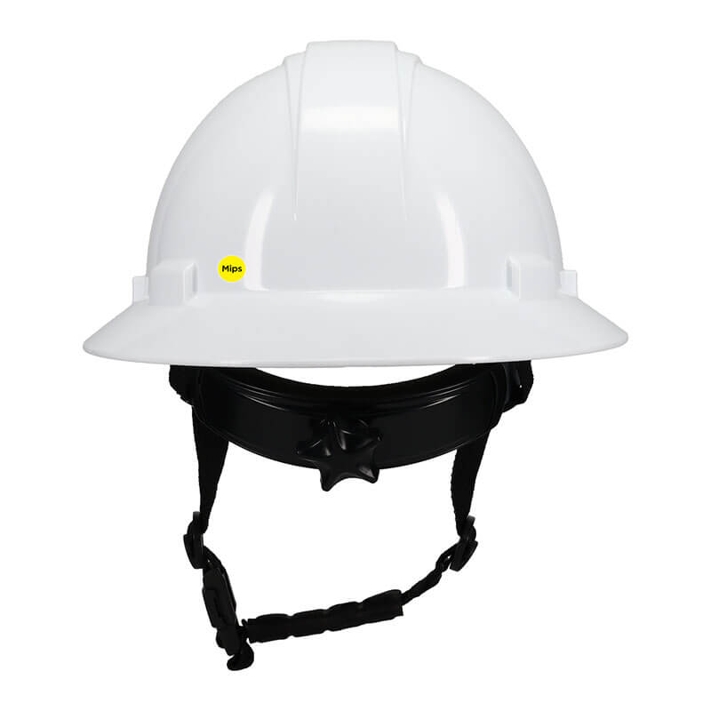 The PIP Kilimanjaro Type II Safety Helmet w/Mips 280-HP642RM-CH is a white helmet by PIP, featuring a black adjustable chin strap, a small yellow sticker on the front left, and designed to meet ANSI standards.