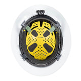 Top-down view of the PIP Kilimanjaro Type II Safety Helmet w/Mips 280-HP642RM-CH, featuring a white shell, yellow inner suspension, black padding, ventilation holes for comfort, and ANSI-compliant head protection.