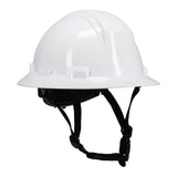 The PIP Kilimanjaro Type II Safety Helmet w/Mips 280-HP642RM-CH in white features a black adjustable chin strap and is designed to meet ANSI standards, offering advanced protection from the trusted brand PIP. Shown on a plain white background.