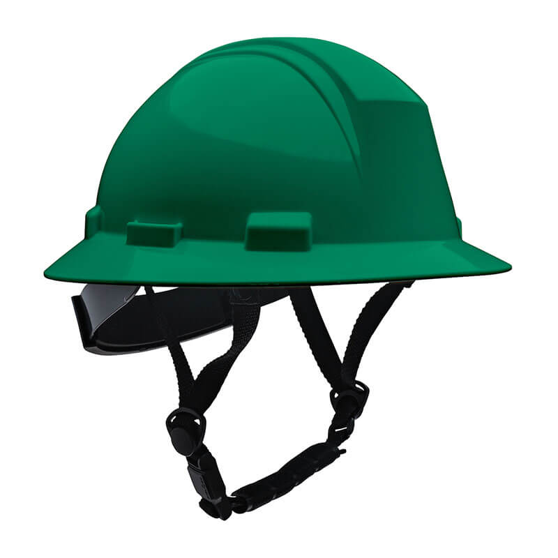 The PIP Kilimanjaro Type II Safety Helmet with Mips, model 280-HP642RM-CH, is a dark green helmet with a wide brim and adjustable black chin strap, designed for jobsite head protection and ANSI compliant.