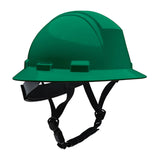 The PIP Kilimanjaro Type II Safety Helmet with Mips, model 280-HP642RM-CH, is a dark green helmet with a wide brim and adjustable black chin strap, designed for jobsite head protection and ANSI compliant.