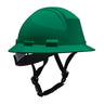 The PIP Kilimanjaro Type II Safety Helmet with Mips, model 280-HP642RM-CH, is a dark green helmet with a wide brim and adjustable black chin strap, designed for jobsite head protection and ANSI compliant.