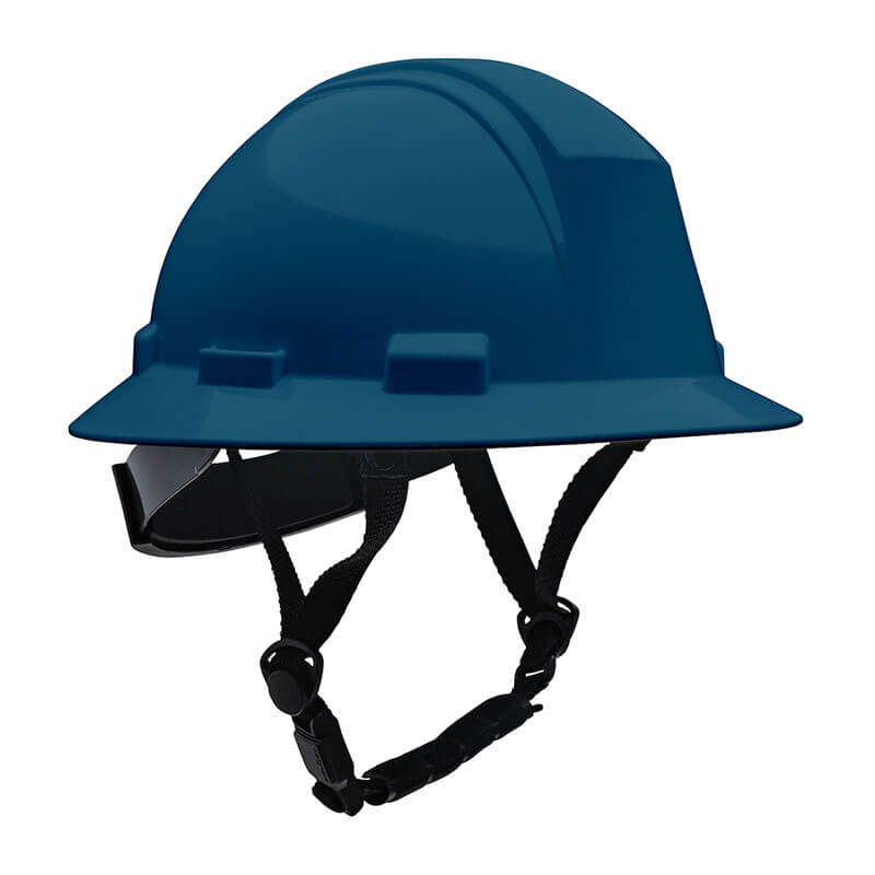 The PIP Kilimanjaro Type II Safety Helmet w/Mips 280-HP642RM-CH in navy features a chin strap and meets ANSI standards, offering enhanced head protection for construction or industrial use.