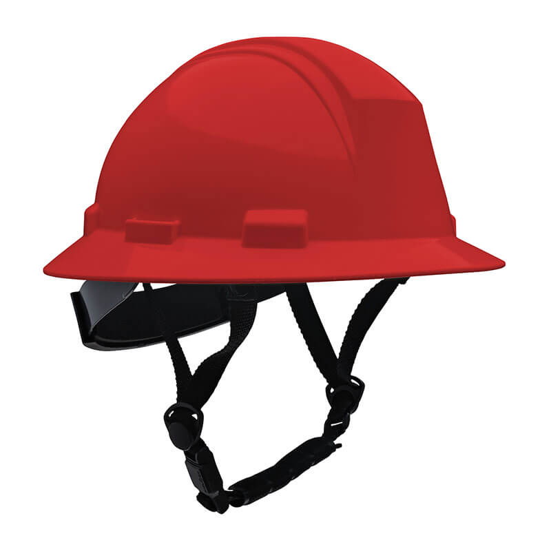 The PIP Kilimanjaro Type II Safety Helmet w/Mips 280-HP642RM-CH in red is shown with a chin strap against a white background, providing enhanced workplace protection.