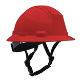 The PIP Kilimanjaro Type II Safety Helmet w/Mips 280-HP642RM-CH in red is shown with a chin strap against a white background, providing enhanced workplace protection.