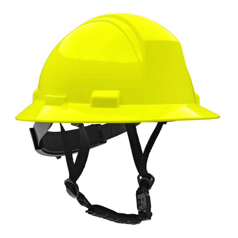The PIP Kilimanjaro Type II Safety Helmet w/Mips 280-HP642RM-CH in Hi-Viz Yellow features a chin strap and an adjustable black interior suspension system, shown against a plain white background.