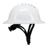 The PIP Kilimanjaro Type II Vented Helmet w/Mips 280-HP642RVM-CH is a white ANSI-certified safety helmet by PIP, featuring black adjustable straps and top ventilation slots, shown side view against a plain background.