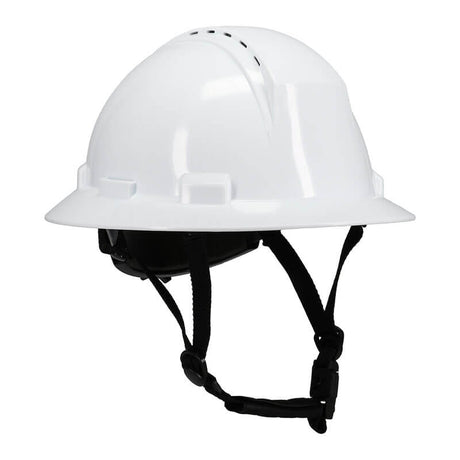 A PIP Kilimanjaro Type II Vented Helmet w/Mips 280-HP642RVM-CH in white, shown from the side with a chin strap against a plain background.