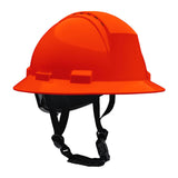 A hi-vis orange PIP Kilimanjaro Type II vented helmet with chin strap (model 280-HP642RVM-CH) by PIP is shown from the side against a white background.