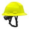 The PIP Kilimanjaro Type II Vented Helmet w/Mips 280-HP642RVM-CH by PIP, in Hi-Viz Yellow, features a full brim and adjustable black chin strap for head protection on construction or industrial sites.