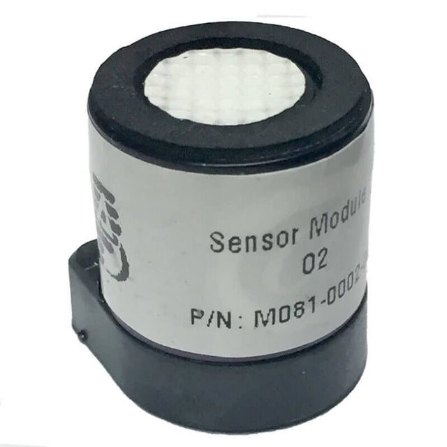 The mPower POLI MP400 O2 Smart Sensor, with part number M081-0002-000, is a highly advanced oxygen sensor featuring a cylindrical design with a black base and a white grid-like surface on top, reminiscent of the sophisticated style found in devices such as the POLI MP400.