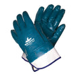 A pair of MCR Memphis 9761 Predator Nitrile Dipped Cuff Gloves, featuring a teal design with white cuffs and printed text on the back of one glove. These gloves from MCR Safety provide puncture protection and have a glossy finish.