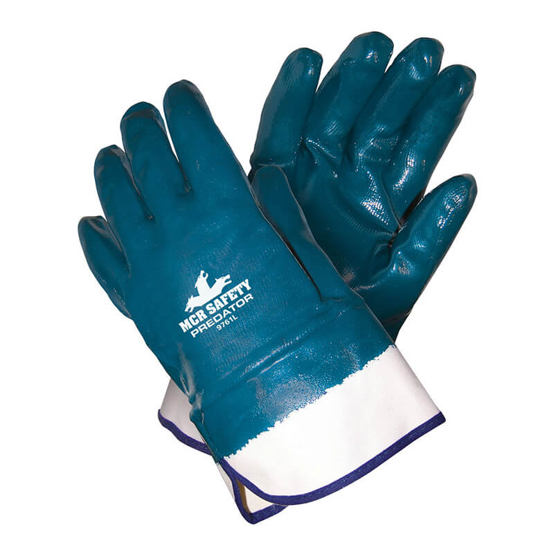 A pair of MCR Memphis 9761 Predator Nitrile Dipped Cuff Gloves, featuring a teal design with white cuffs and printed text on the back of one glove. These gloves from MCR Safety provide puncture protection and have a glossy finish.