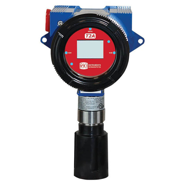 The RKI T2A Sensor/Transmitter with J-Box (PH3) 66-6215-05, branded by RKI Instruments, is an industrial PH3 gas detector featuring a blue and red casing and a digital display. The model number "T2A" is shown on the display. This loop-powered device uses an electrochemical sensor for monitoring hazardous areas.