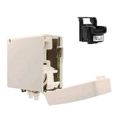 A white device from the RKI Instruments GD-70D Series, specifically the GD-70D Hydrogen Peroxide Smart Transmitter, has its removable cover partially open, revealing internal components. To the right, a small black component that resembles a Sample Draw Transmitter is visible.