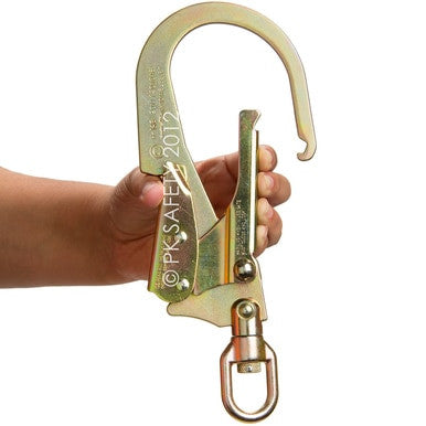 A Skylotec Forged Steel Rebar Hook with Swivel H-146, by Skylotec, features a safety latch and is commonly used in climbing or safety harnesses. This large, metallic hook complies with OSHA Safety Standards and includes a swivel joint at the bottom for increased flexibility.