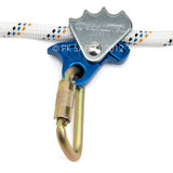 The Skylotec Ergogrip Positioning Lanyard L-0499-1.8 by Skylotec features a blue metal safety device with a silver metallic component and an ergonomic hand-shaped grip adjuster. It is connected to a white rope decorated with blue and orange patterns, while a gold locking carabiner at the bottom makes it ideal for use as a positioning lanyard.