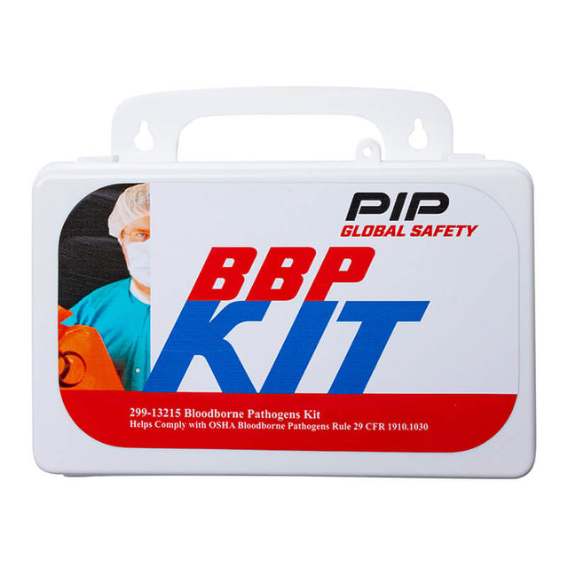 A white protective PIP Bloodborne Pathogens Kit 299-13215, featuring "BBP Kit" prominently displayed in bold red and blue letters. The kit adheres to OSHA Standard 1910.103, complying with the OSHA Bloodborne Pathogens Rule. The cover includes an illustration of a person equipped with protective gear.