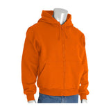 A mannequin wears a PIP - Protective Industrial Products FR/AR Fleece Zip Front Hoodie 385-FRZH in orange, featuring a hood and front pockets, complemented by blue jeans against a plain white background.