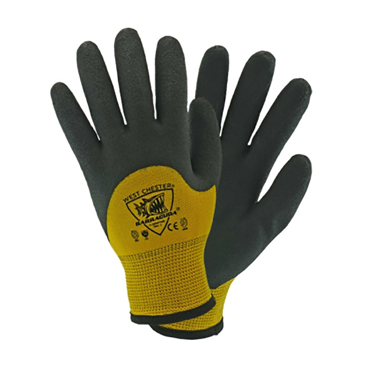 Introducing the PIP Barracuda HPPE/Nylon Glove with Lining & PVC Foam Grip, featuring a seamless knit design. These gloves combine black palms with a durable PVC foam grip and yellow fabric on the back to provide superior cold weather protection. Crafted by PIP - Protective Industrial Products, they ensure safety and durability for any task. Available in packs of 12 pairs.